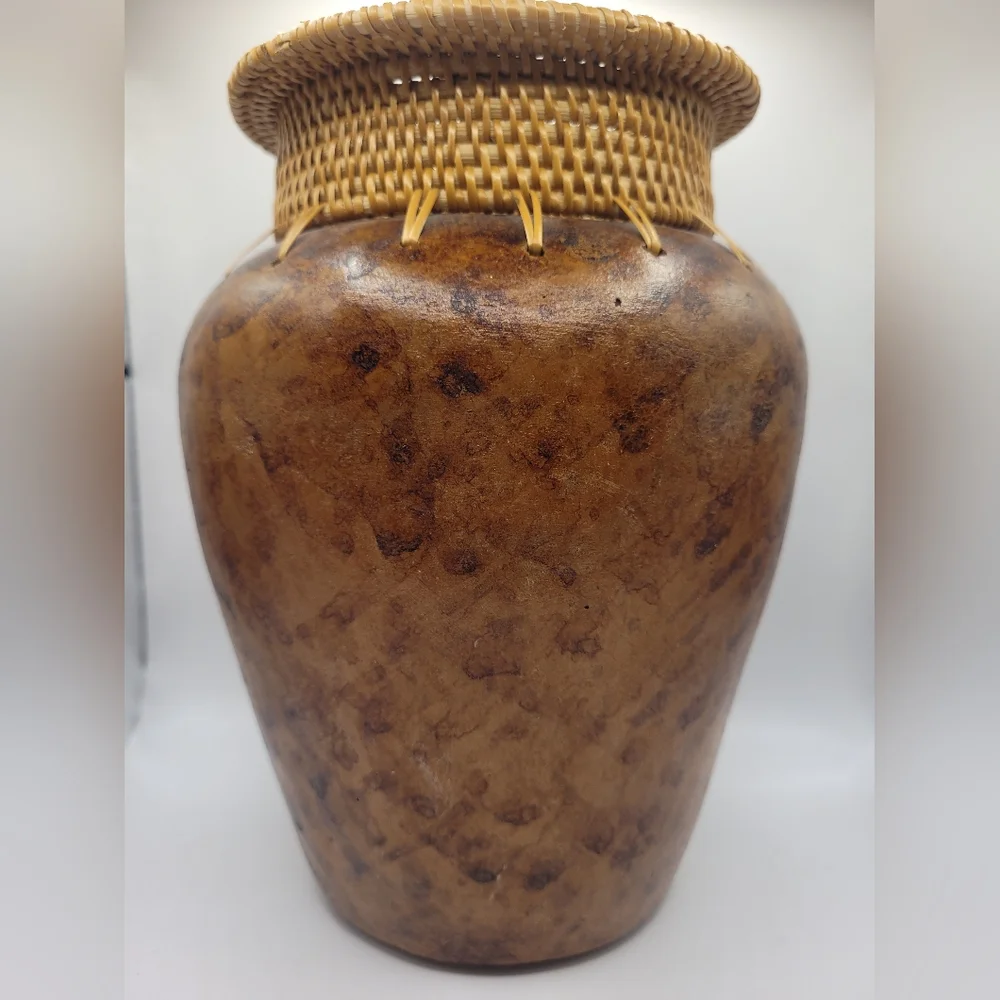 Sharp Tribal Clay Fired Vase with Coiled Grass and Ratan Woven Top
